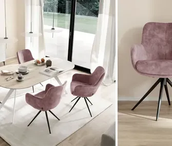 Bildcollage zweier Bilder - links ein heller Tisch mit rosa Stühlen, rechts eine Einzelaufnahme des Stuhls