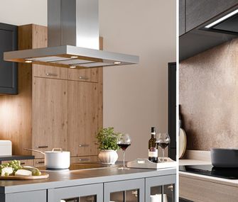 Bildercollage mit eine Inselhaube oder -esse und einer Flachschirmhaube