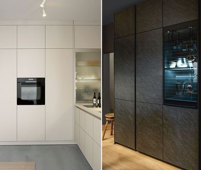 Moderne weiße Küche bis zur Decke und Deckenhohe Küche in Schwarz.