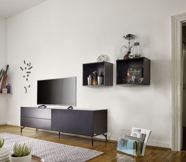 Minimalistisches Wohnzimmer mit Lowboard und schwarzen Wandregalen.