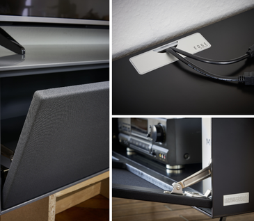 Collage von Detailbildern des Mediaelements mit Akustikstoff und Kabeldurchlass bei einem schwarzen Lowboard