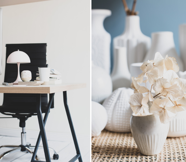 Weiße Vasen und aufgeräumtes Arbeitszimmer mit Tischlampe und  schwarzem Drehstuhl