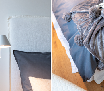 Collage: Kopfteil von weißem Bett und Bettdecke in Anthrazit.