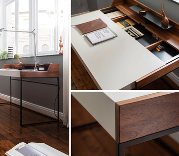 Mehrere Aufnahmen eines Schreibtisches aus Nussbaum und weißer Tischplatte aus Lack