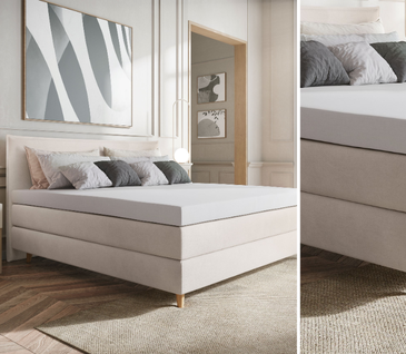 Bildcollage mit beigem Boxspringbett und Topper in hellem Interior.