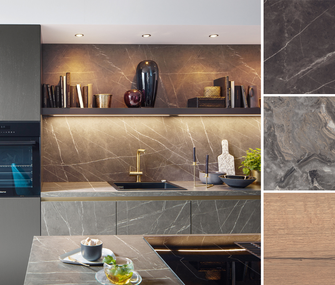 Küchenplanung mit vielfältigen Kombinationsmöglichkeiten Collage aus moderner Marmorküche in Grau und verschiedene Materialien