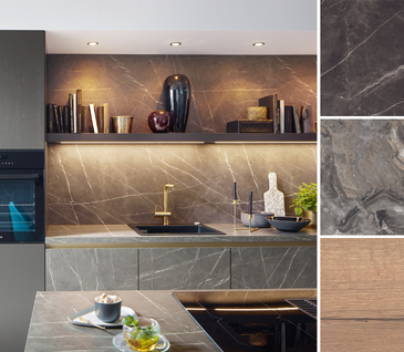 Collage aus moderner Marmorküche in Grau und verschiedene Materialien