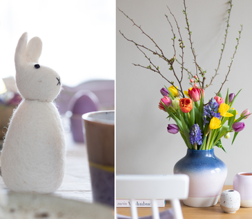 Collage aus zwei Bildern: Deko-Hase und Strauß bunter Blumen in Vase