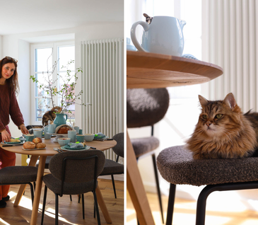 Collage: Nicole Zweig deckt Esstisch für Oster-Frühstück. Katze liegt auf Esszimmer-Stuhl.