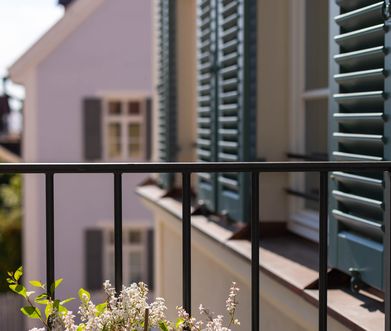 Blumen auf Balkon mit Blick aufs Nachbarhaus.