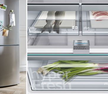 Collage aus einem Familienkühlschrank und Kühlfächern