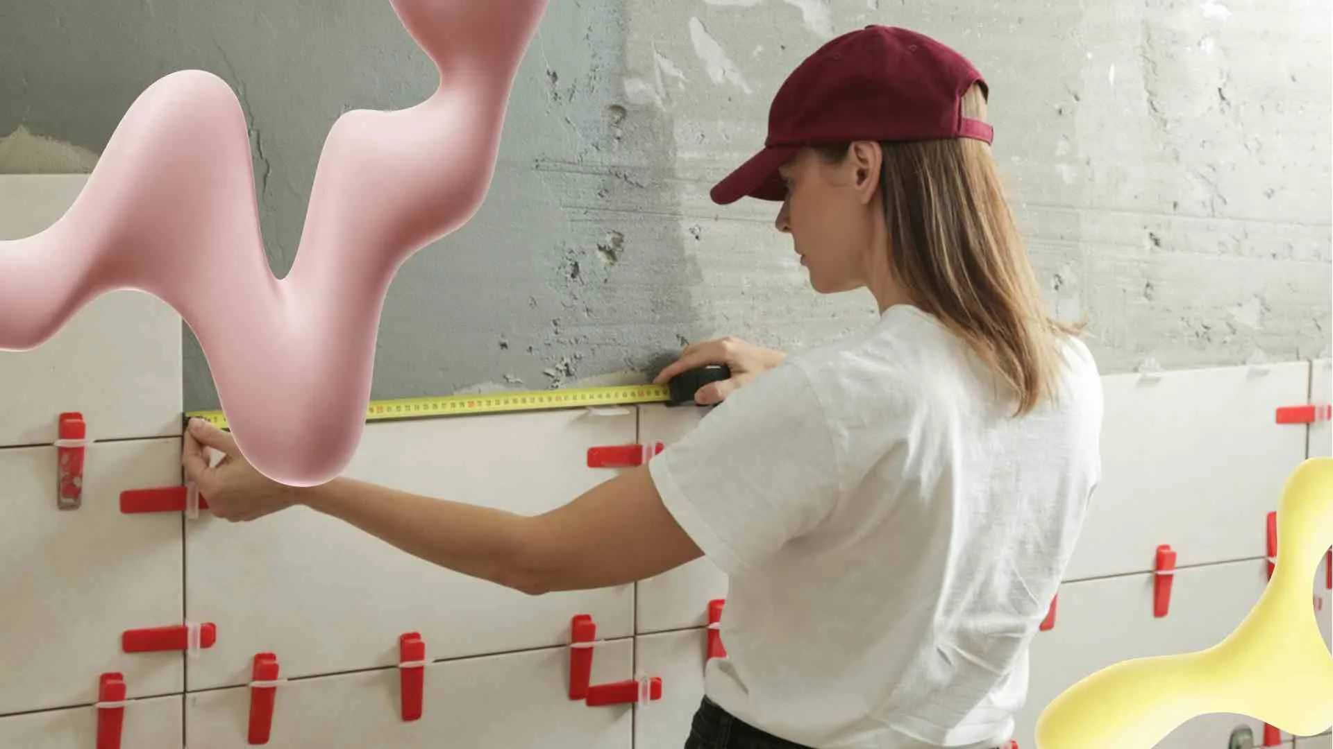 A woman in a red cap measures white wall tiles with a tape measure. Pink and yellow wavy abstract shapes float in the scene.