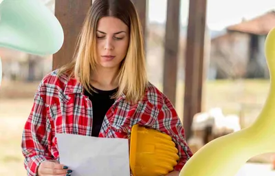 Young woman in a red plaid shirt reads a document, holding a yellow hard hat. Abstract green and yellow shapes are in the outdoor scene.
