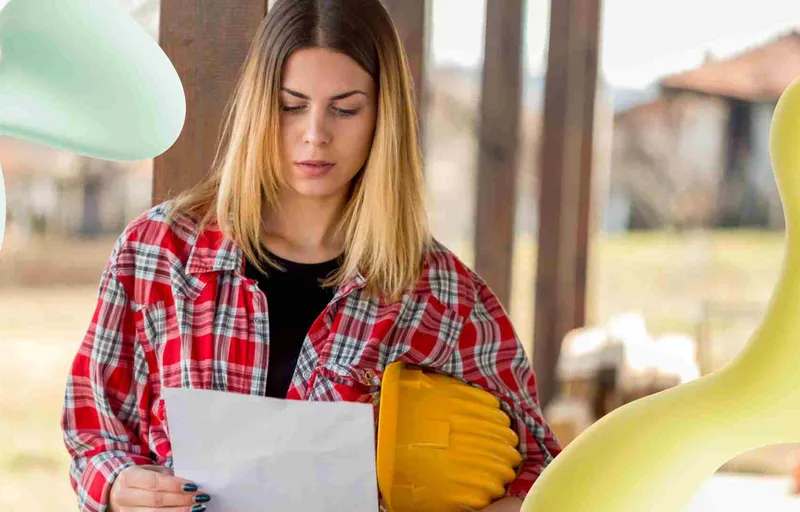 Young woman in a red plaid shirt reads a document, holding a yellow hard hat. Abstract green and yellow shapes are in the outdoor scene.