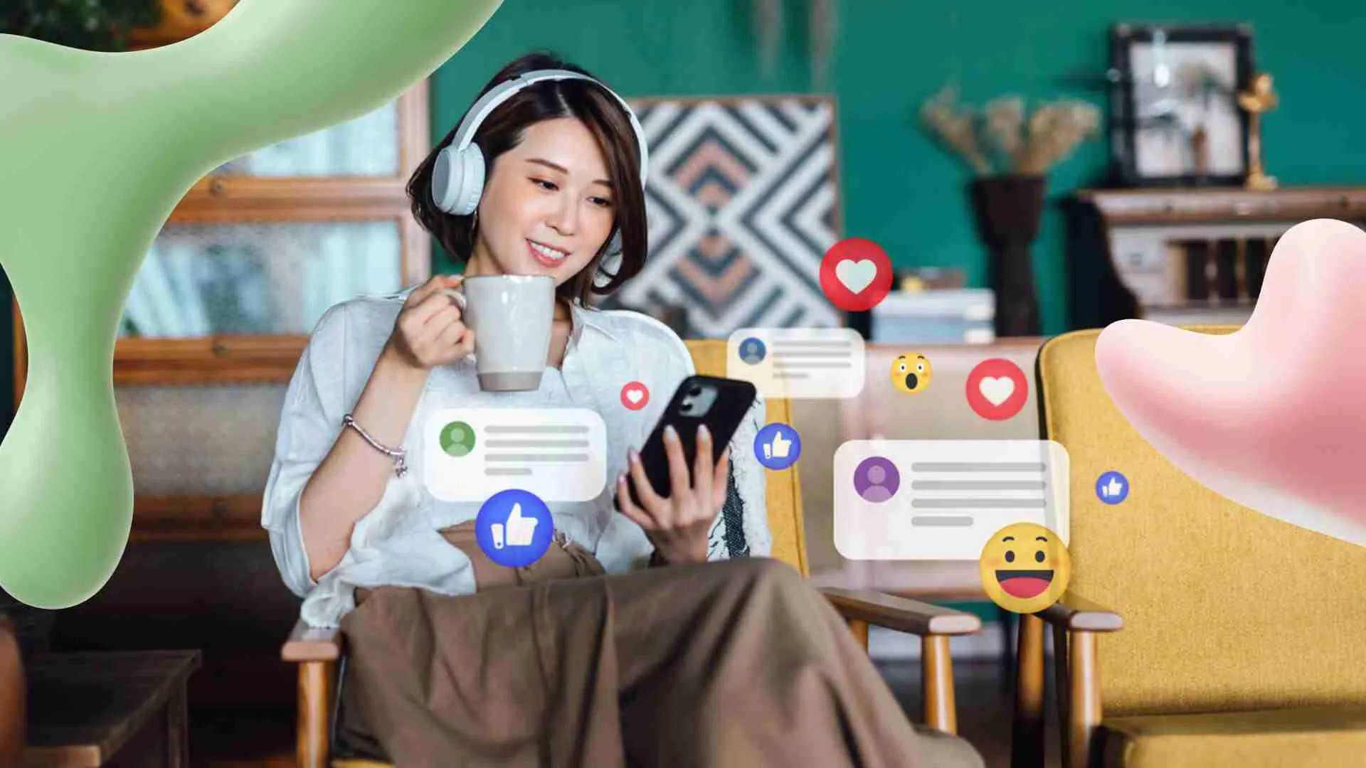 A smiling woman wearing headphones and holding a mug looks at her phone, surrounded by floating social media likes, hearts, and comments.
