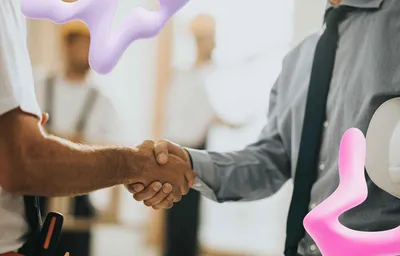 Construction worker and supervisor shaking hands on a job site, overlaid with abstract pink and purple shapes.