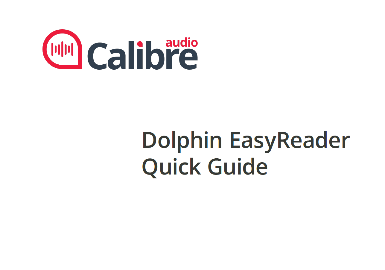 Cover of "Dolphin EasyReader Quick Guide" with Calibre Audio logo featuring sound wave icon.