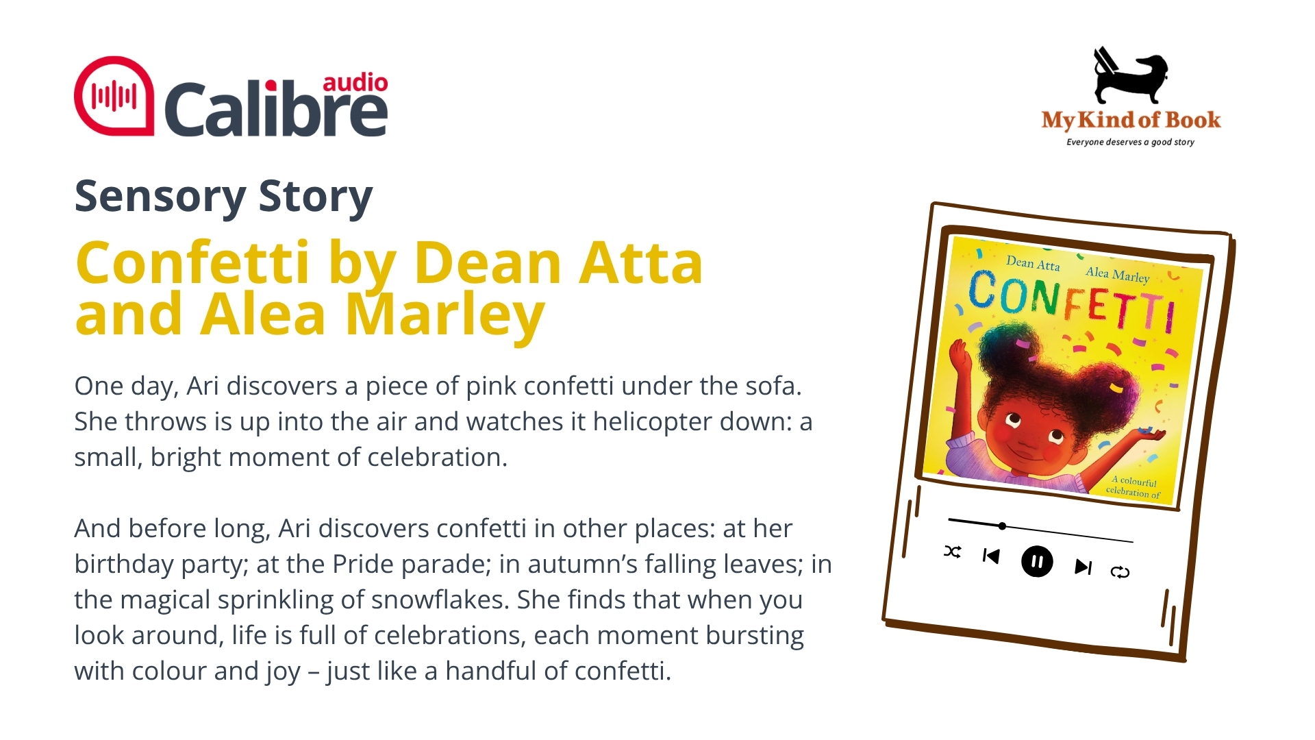 Audio book promotion for "Confetti" by Dean Atta and Alea Marley, featuring a sensory story about discovering joy in everyday celebrations.