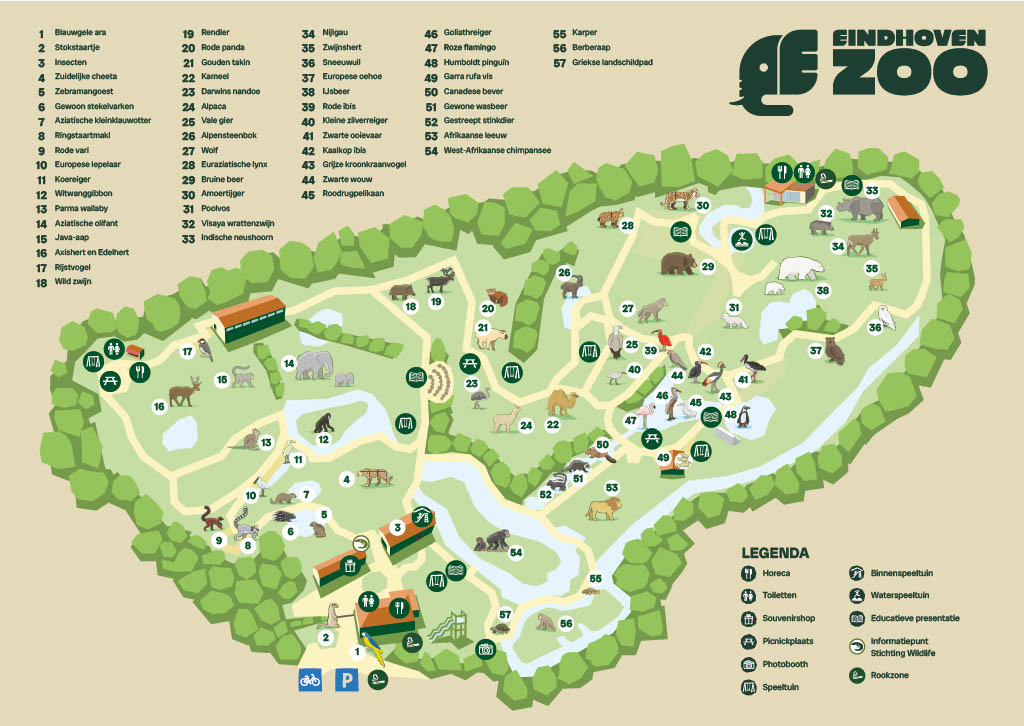 De nederlandstalige parkplattegrond van Eindhoven Zoo.
