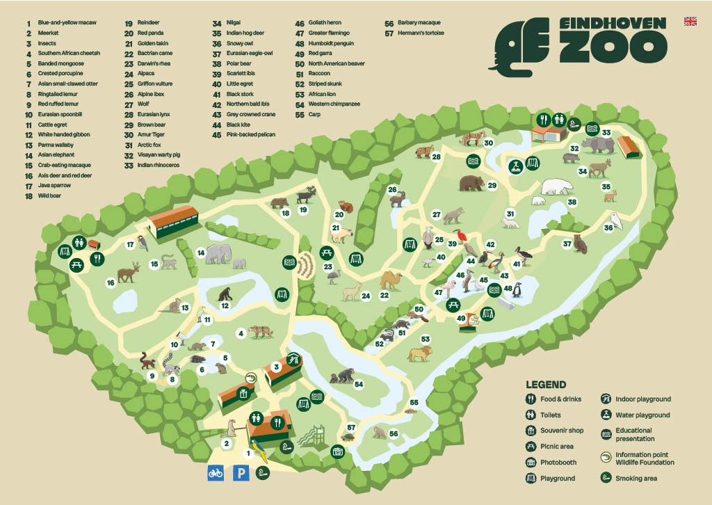 De engelstalige parkplattegrond van Eindhoven Zoo.
