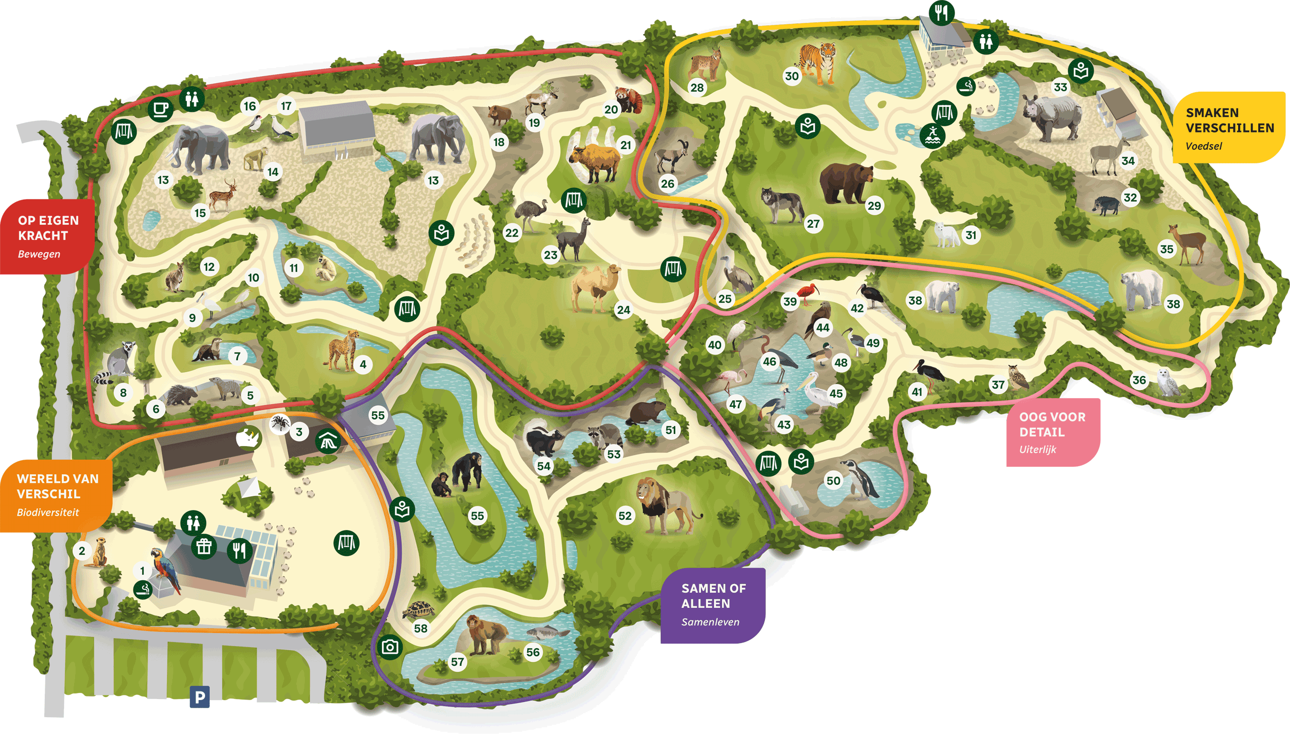 De plattegrond met themagebieden van Eindhoven Zoo De plattegrond met themagebieden van Eindhoven Zoo
