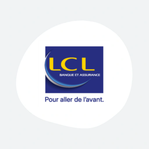 LCL logo with text "BANQUE ET ASSURANCE" on a blue background, featuring a half-circle design and slogan "Pour aller de l'avant."