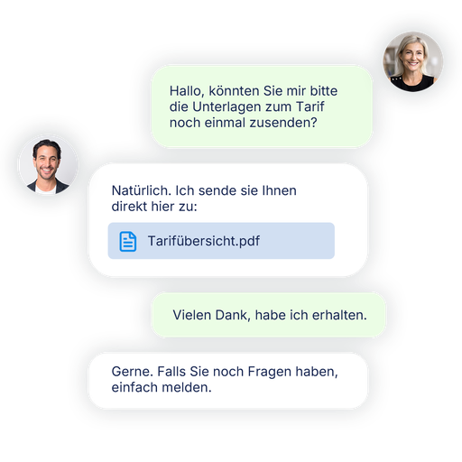 Chat zwischen zwei Personen über WhatsApp. Ein Kundin erhält Tarifauskünfte von einem Außendienstmitarbeiter direkt im Chat.