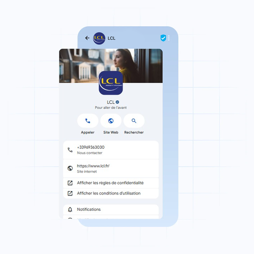 Mockup of a smartphone screen displaying the LCL app interface, featuring contact and website links with the LCL logo prominently at the top.