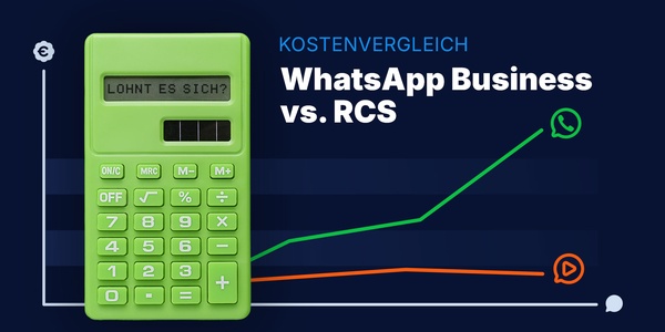 Grafik zum Kostenvergleich von WhatsApp Business und RCS: Ein grüner Taschenrechner mit der Anzeige „Lohnt es sich?“ steht vor einem Diagramm. Die grüne Kurve für WhatsApp steigt deutlich an, während die orangefarbene RCS-Kurve nahezu konstant verläuft. Das Bild veranschaulicht die Auswirkungen der neuen WhatsApp-Business-Preise und den Kostenvergleich mit RCS.