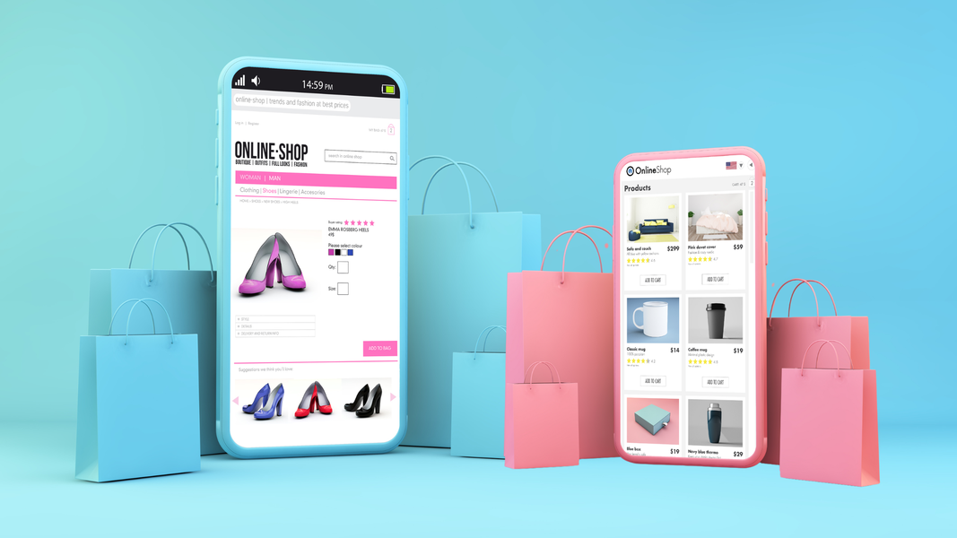 Two smartphones displaying online shopping carts with various products, illustrating Abandoned Cart SMS, one of the best ROI SMS messages you can send as an eCommerce company.