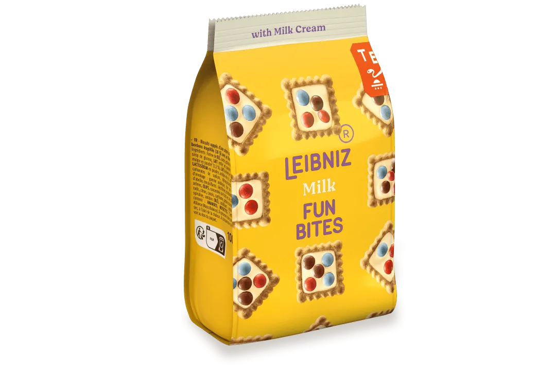 Opakowanie ciastek Leibniz Fun Bites Milk z kolorowymi czekoladowymi drażetkami na żółtym tle