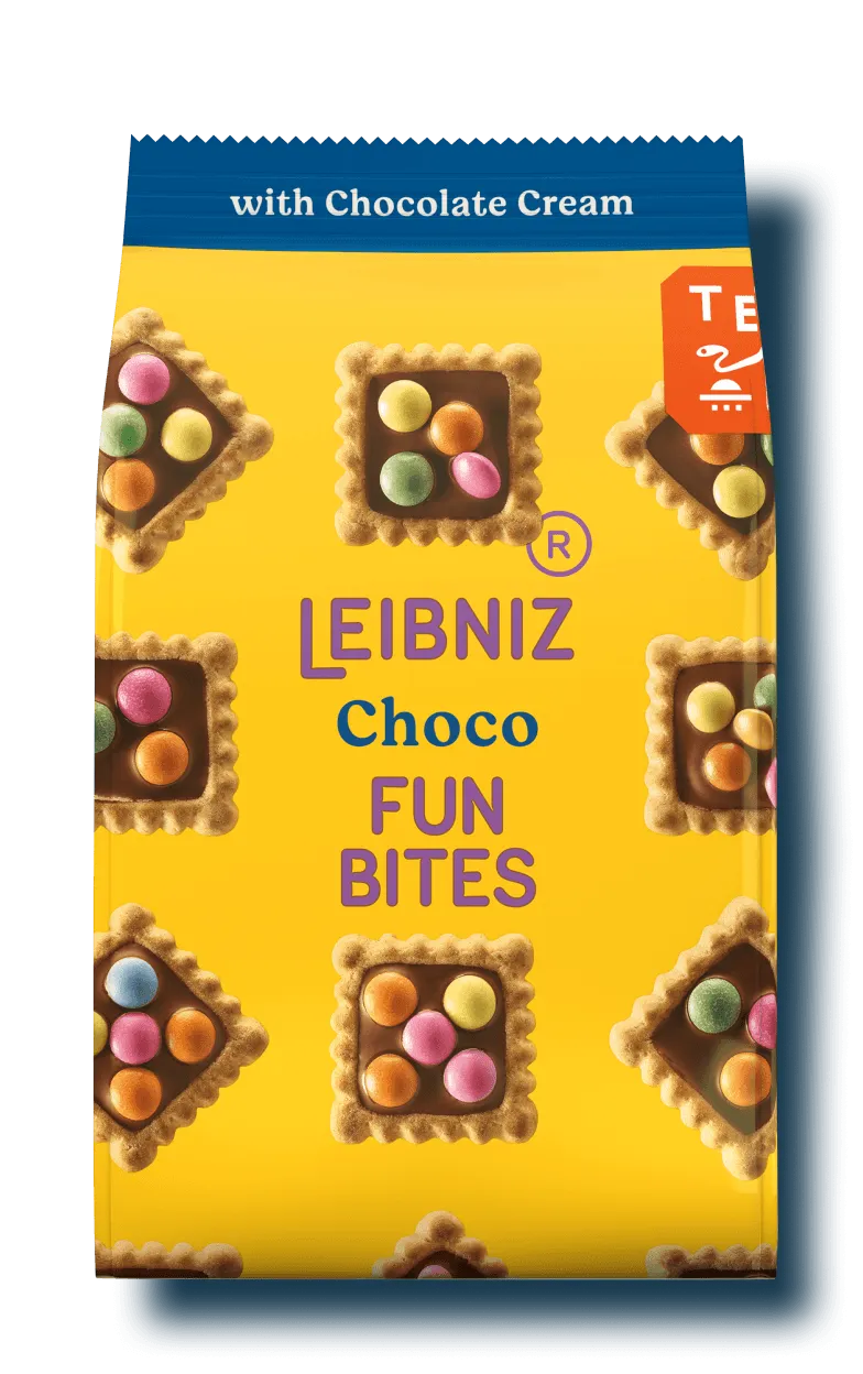 Opakowanie ciastek Leibniz Fun Bites Choco z kolorowymi czekoladowymi drażetkami na żółtym tle