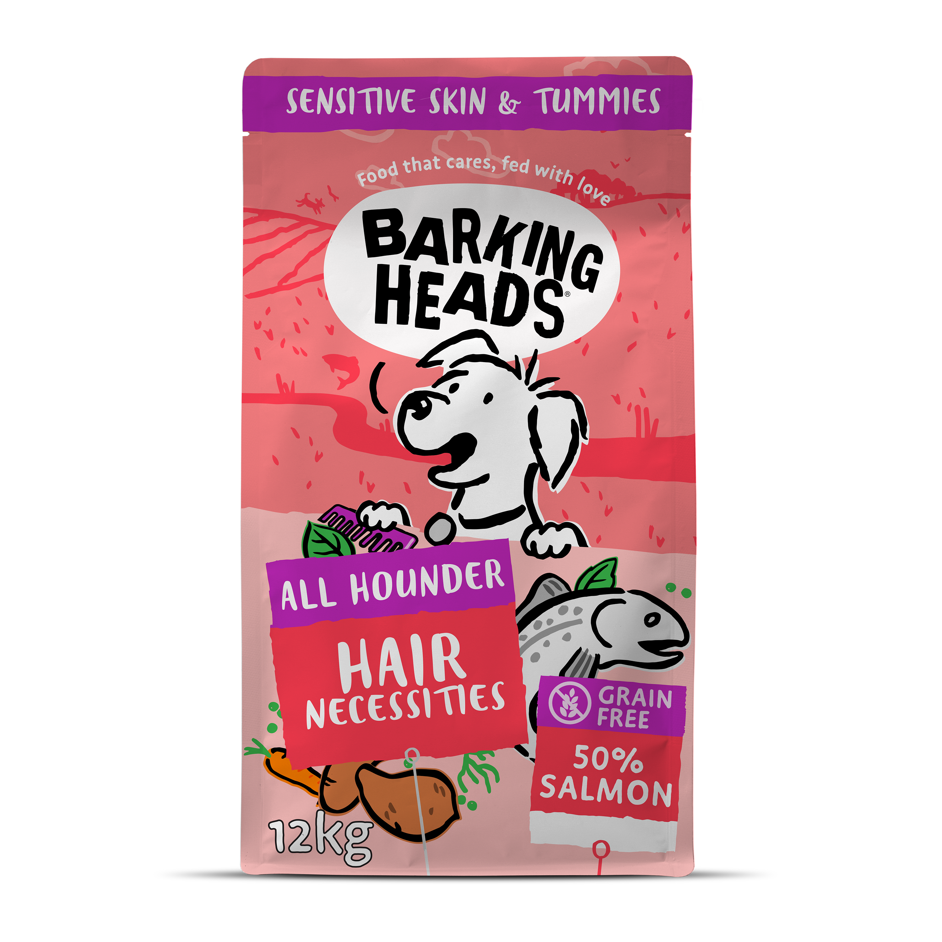 Barking Heads Barking Heads All Hounder Hair Necessities Salmon Adult Dry Dog Food pet food packaging