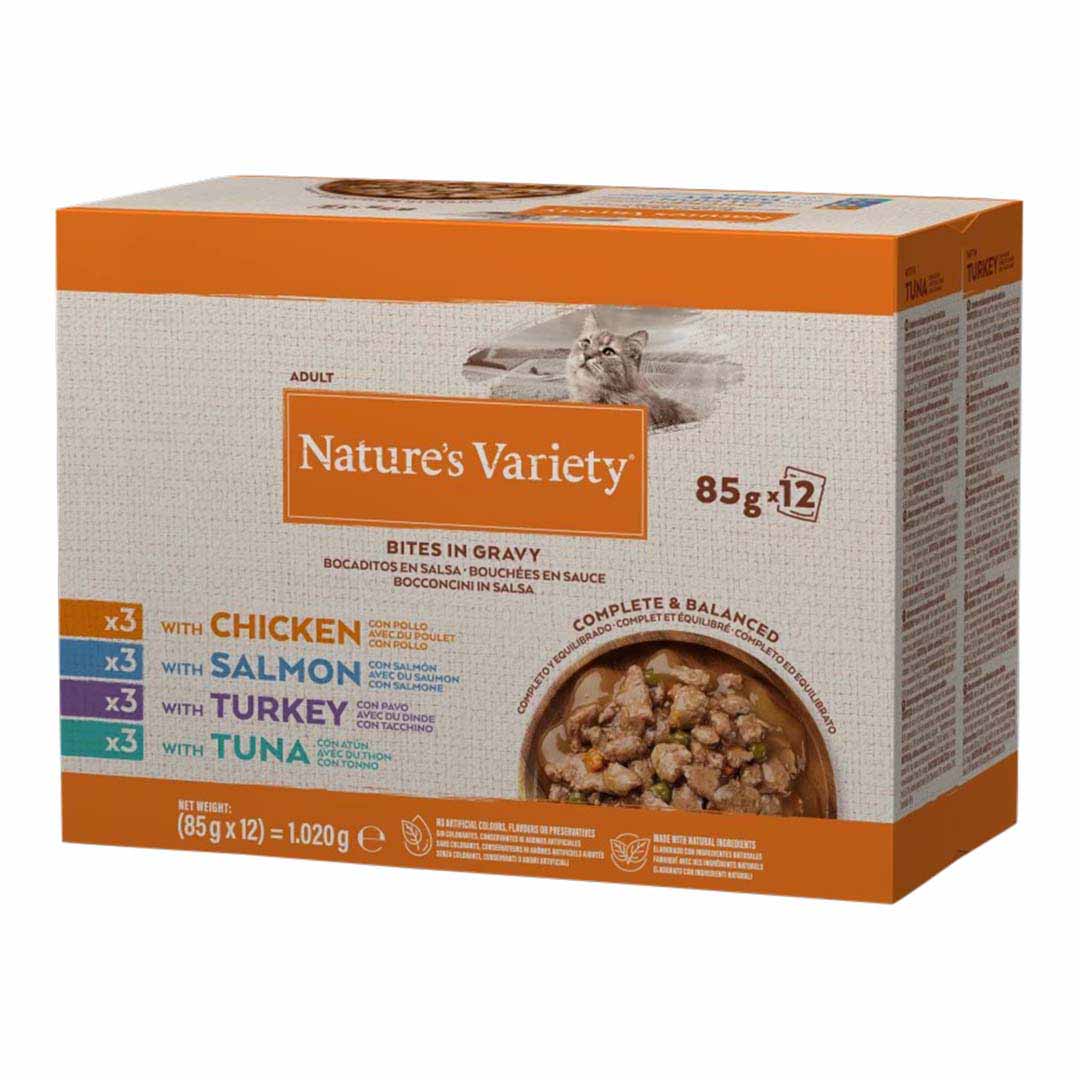 Natures menu Natures Menu Variety Bites 85Gx12 Adult Wet Cat Food pet food packaging