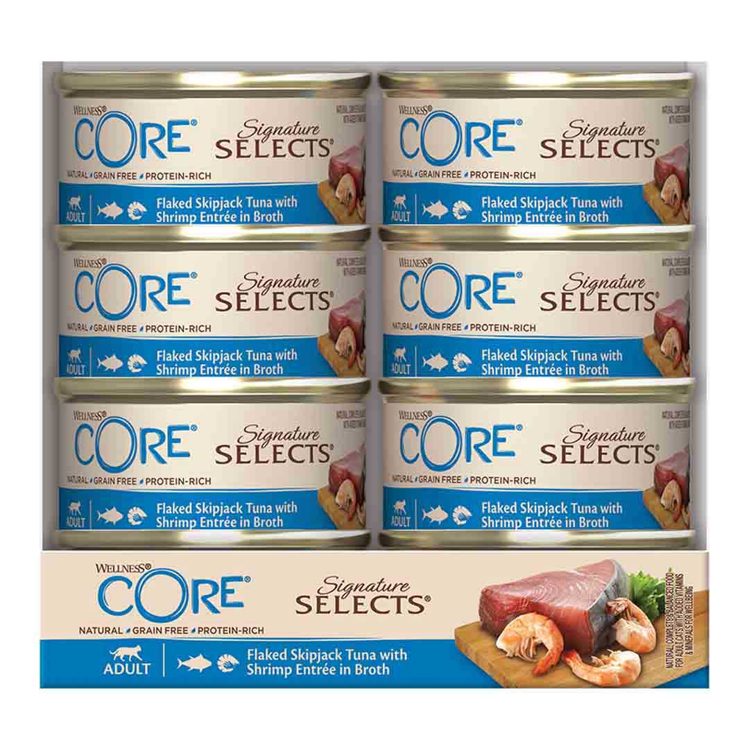 Wellness Core Wellness Core Selects Flaked Shrimp Broth Tuna Adult Wet Cat Food pet food packaging