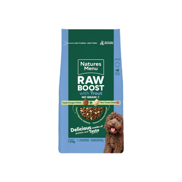 Natures menu Natures Menu Raw Boost 38 Salmon Trout Adult Dry Dog Food pet food packaging