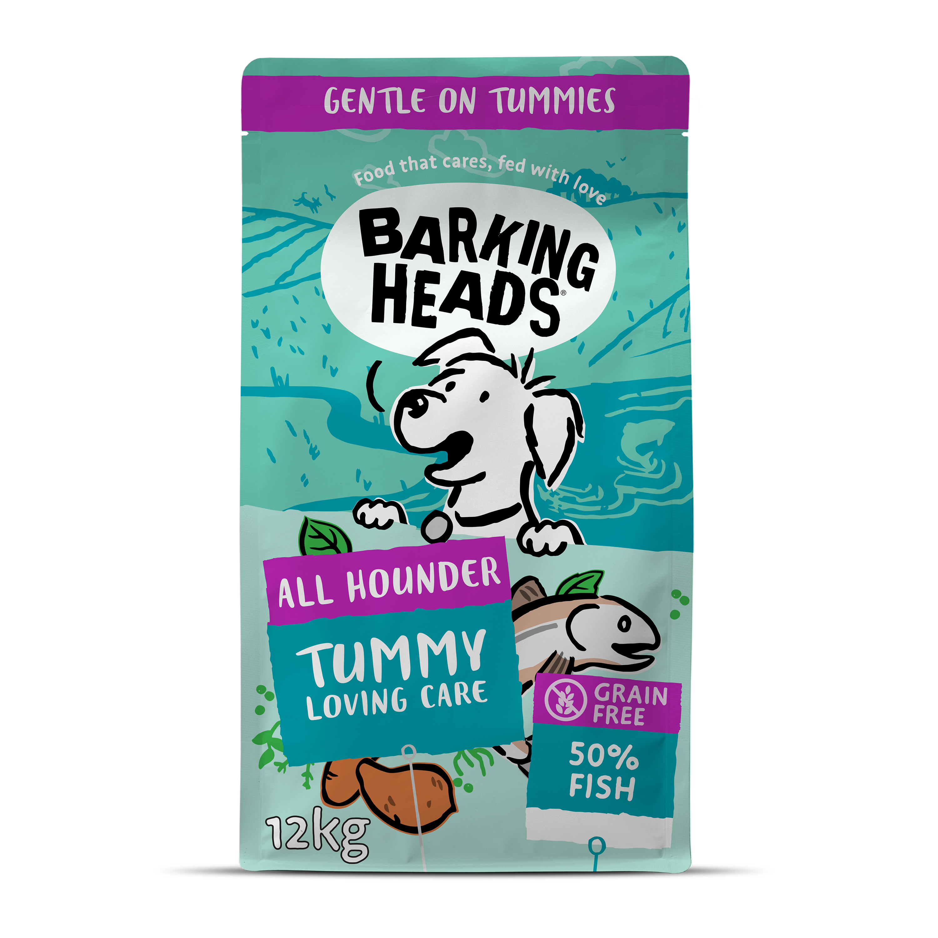 Barking Heads Barking Heads All Hounder Tummy Lovin Care Salmon Trout Adult Dry Dog Food pet food packaging
