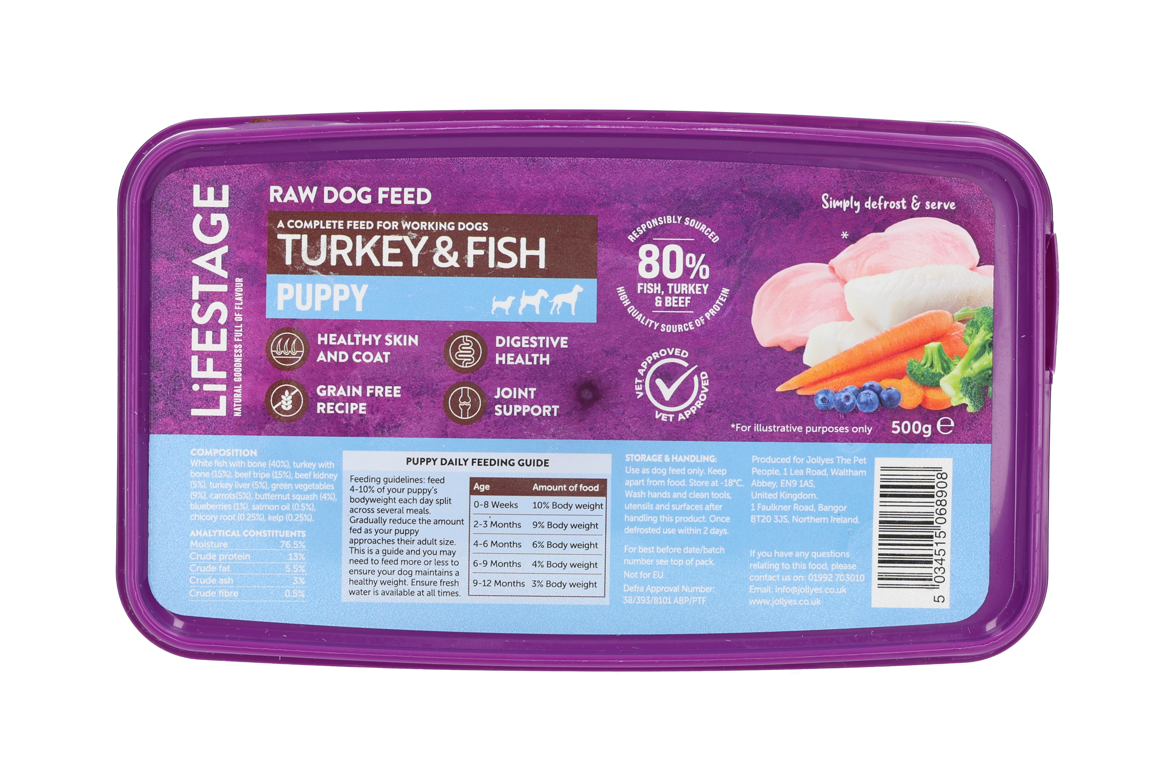 Image showcasing Lifestage Puppy Turkey & Fish Grain Free Raw Puppy Food 500g | Jollyes