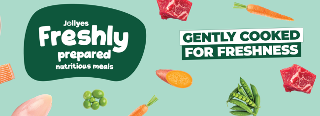 Ad for Jollyes Freshly Prepared Nutritious Meals with vegetables and meat visuals, featuring the text "Gently Cooked for Freshness."