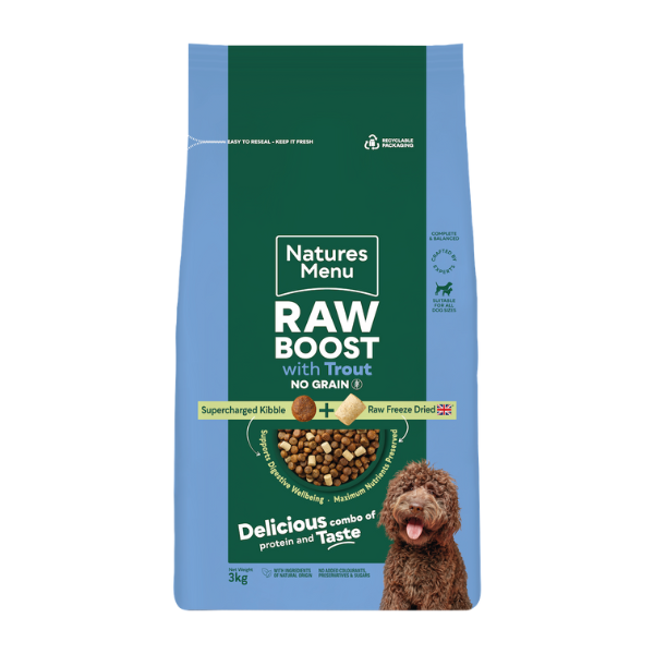 Natures menu Natures Menu Raw Boost 38 Trout Adult Dry Dog Food pet food packaging