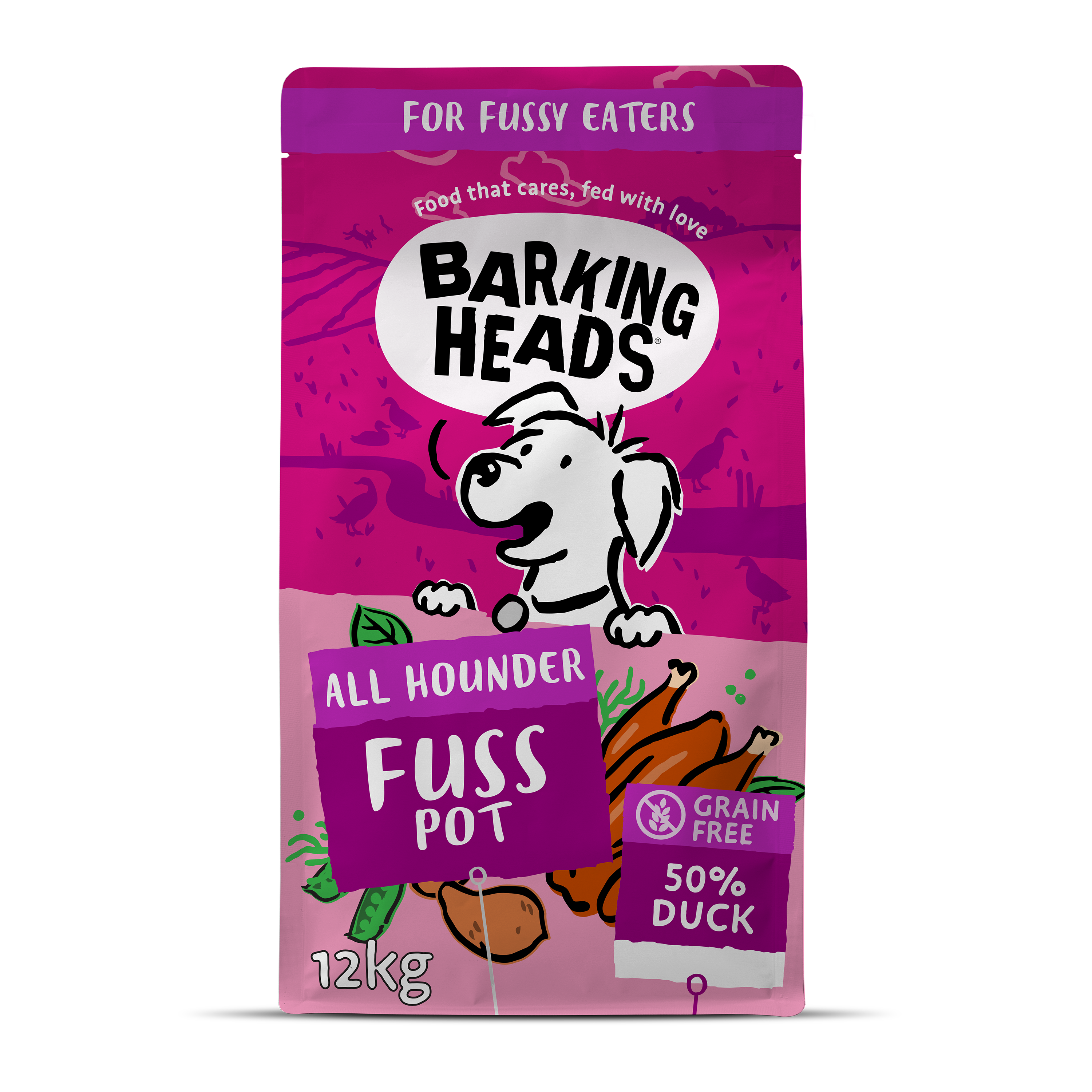 Barking Heads Barking Heads All Hounder Fuss Pot Duck Adult Dry Dog Food pet food packaging