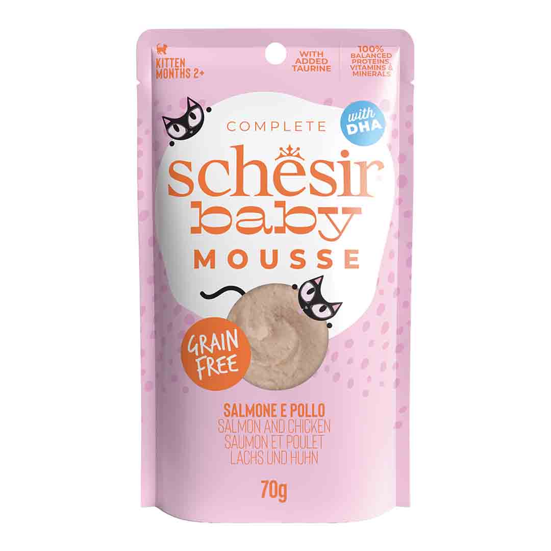 Jollyes Brand Jollyes Brand Schesir Balanced Mousse Chicken Salmon Tuna Kitten Wet Cat Food pet food packaging