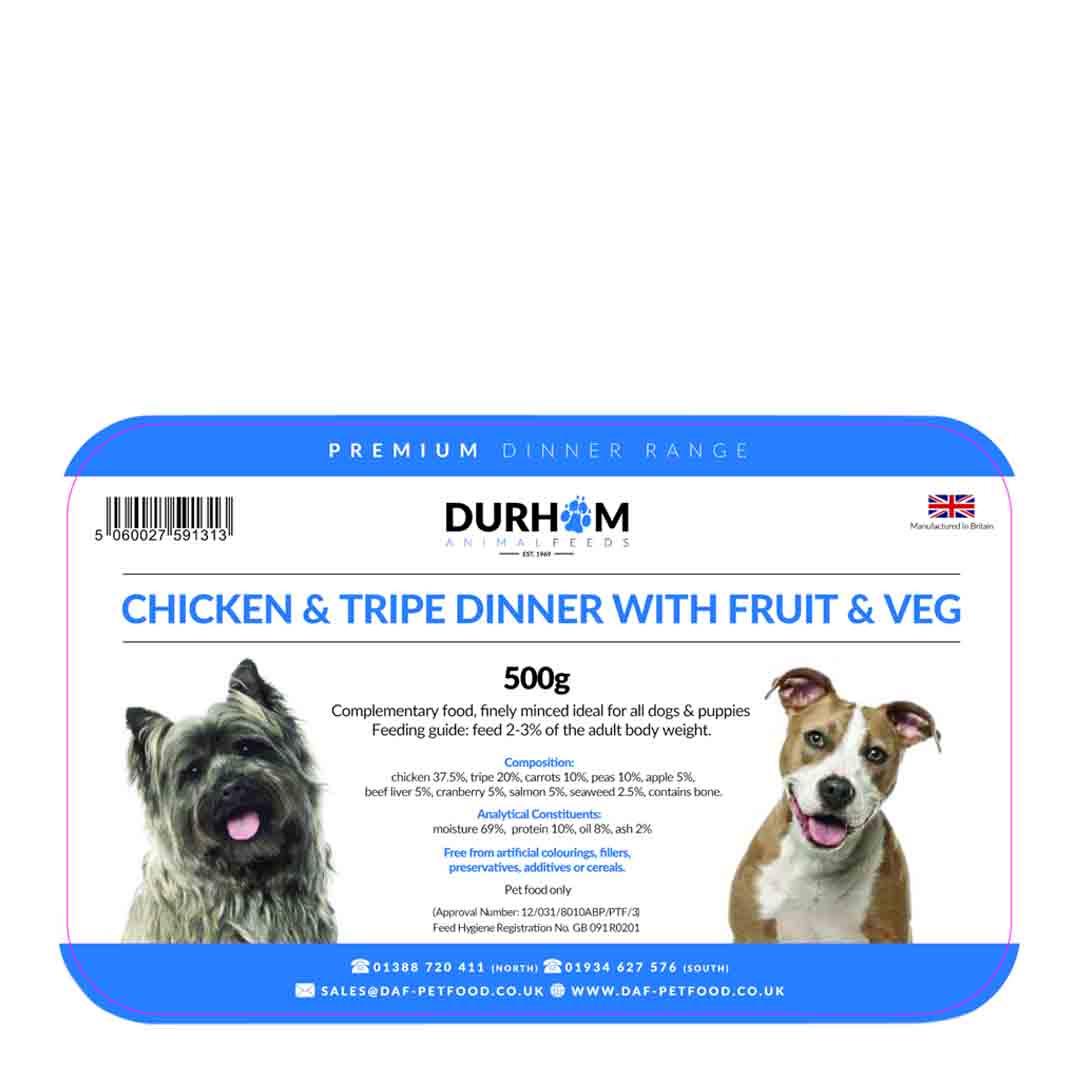 Durham Dog Food Chicken & Tripe Dinner, with Fruit & Veg, 500g
