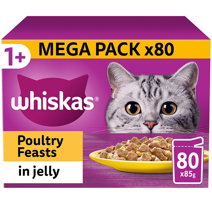 Whiskas Pure Delight menu gesorteerd 1 jaar, natvoer voor katten, 13 verpakkingen met elk 4 zakjes x 85 g (52 zakjes in totaal