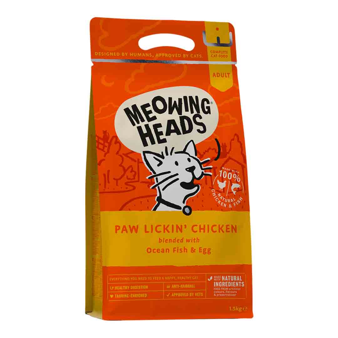 Meowing Heads Meowing Heads Paw Lickin Beef Chicken Adult Dry Cat Food pet food packaging
