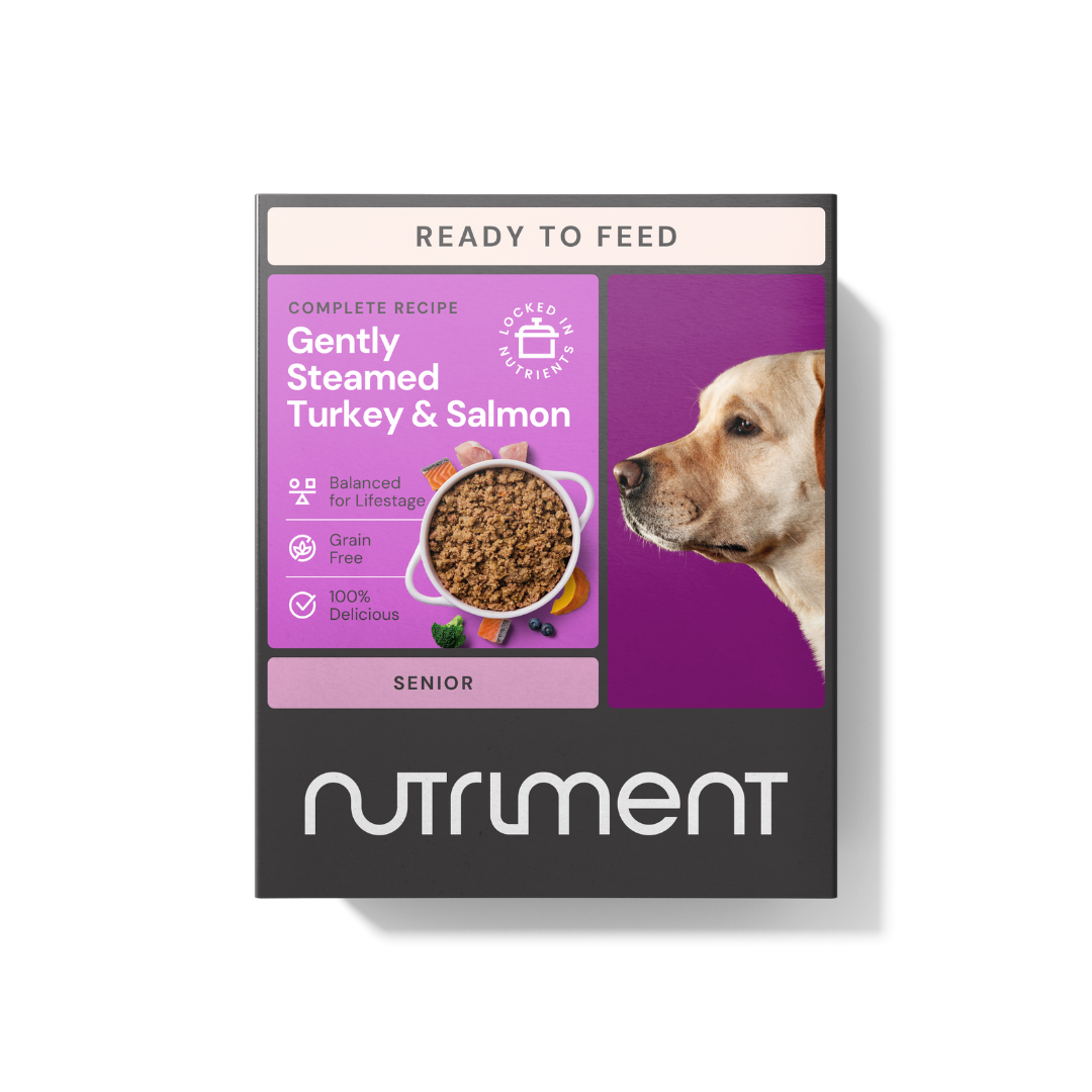 Nutriment Nutriment Gently Steamed Raw Salmon Turkey Senior Dry Dog Food pet food packaging
