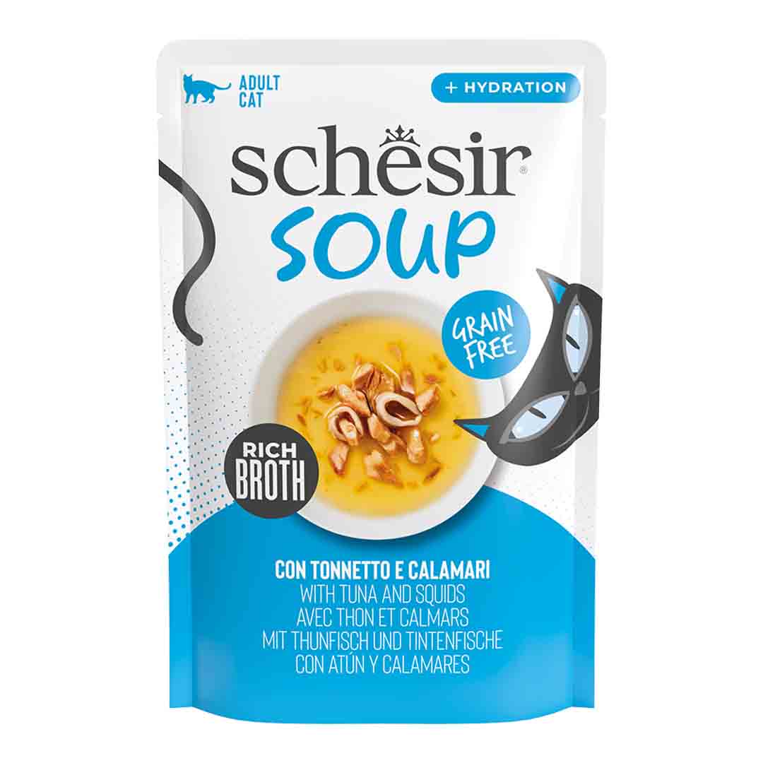 Jollyes Brand Jollyes Brand Schesir Soup Complements Squid Tuna Adult Wet Cat Food pet food packaging