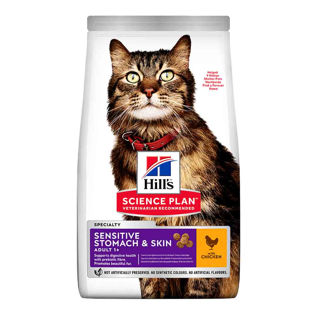 Hills Science Plan Hills Science Plan Sensitive Stomach 38 Skin Chicken Adult Dry Cat Food pet food packaging