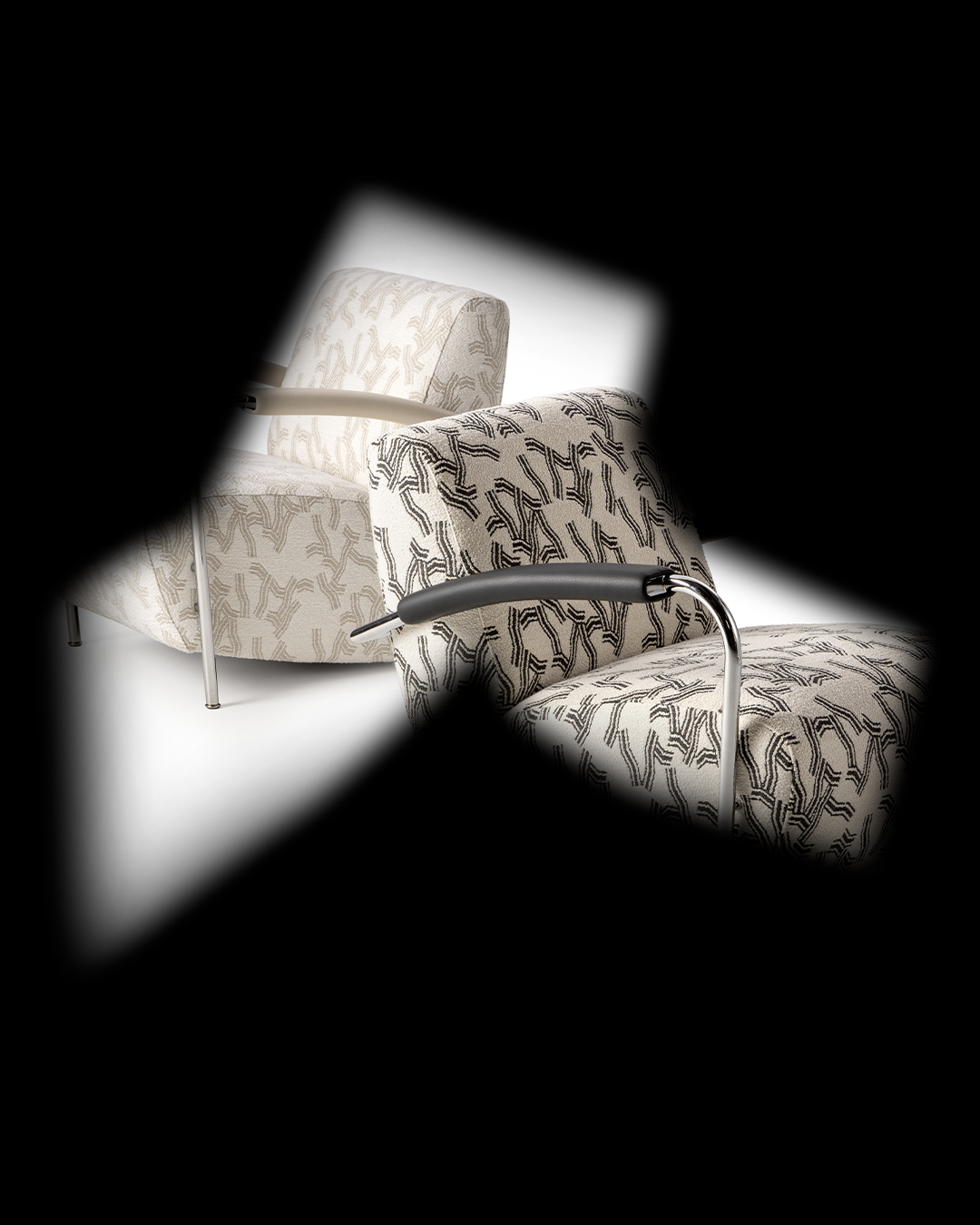 Two modern white chairs with abstract patterns and metal armrests, partially obscured by a black overlay.