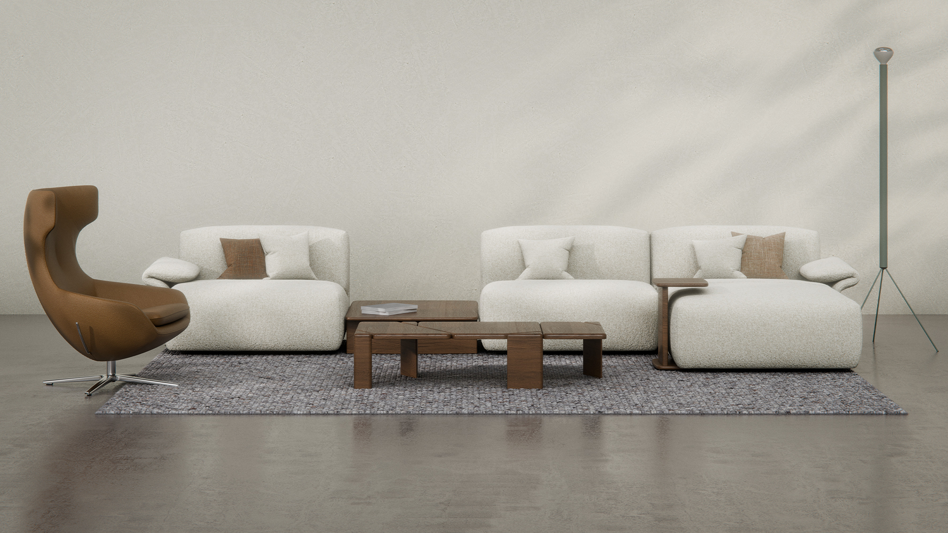 Minimalist living room with two white sofas, a brown armchair, wooden coffee table, floor lamp, and gray rug on a polished floor.